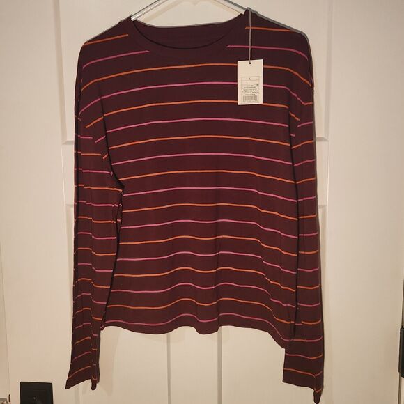 a new day T Shirt Striped Long Sleeve Burgundy Basic Women's Size Large - Picture 5 of 5